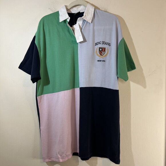 BDG Urban Outfitters Sz Small Polo Shirt Blue Green Color Block Short Sleeve - Picture 1 of 6